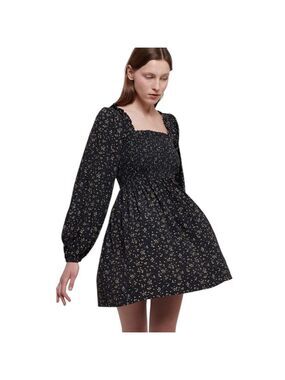 GANNI Floral Smocked Mini Dress Long Balloon Puff Sleeve Black Size 6 EUC
